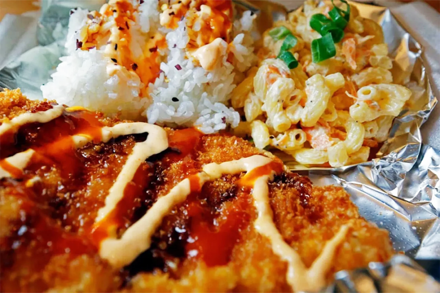 fried fish, rice, and pasta from big kahuna hawaiian bbq in lexington