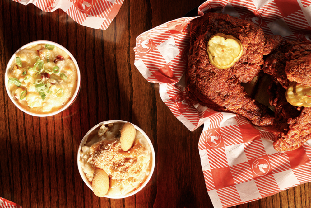fried chicken, pimento mac and cheese, and banana pudding from Hattie B's Hot Chicken in Nashville