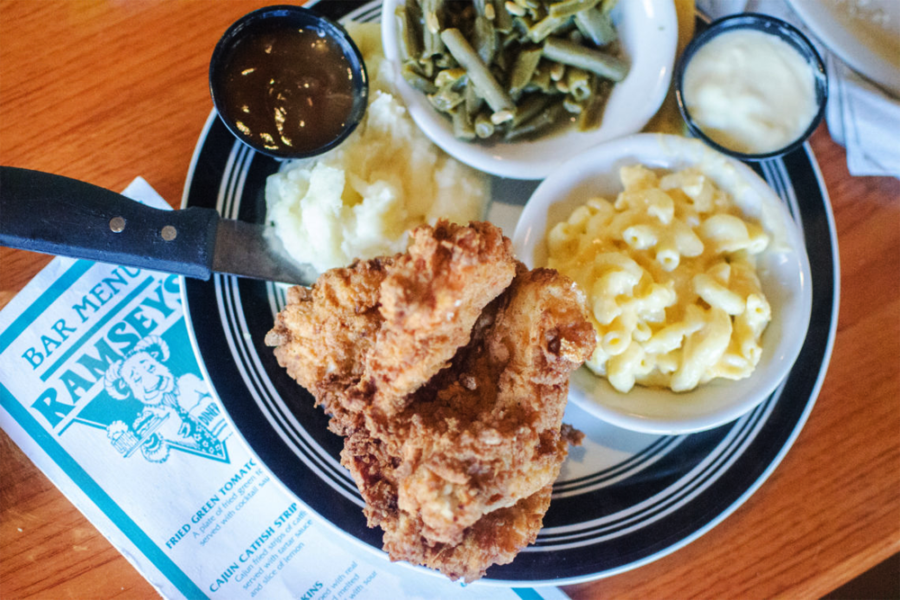 dinner with fried chicken, mashed potatoes, green beans, and mac and cheese from ramsey's diner in lexington