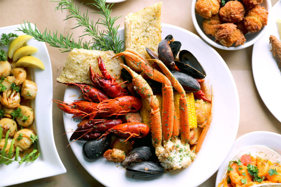 seafood platter with lobster, crawfish, and mussels from hyman's seafood in charleston