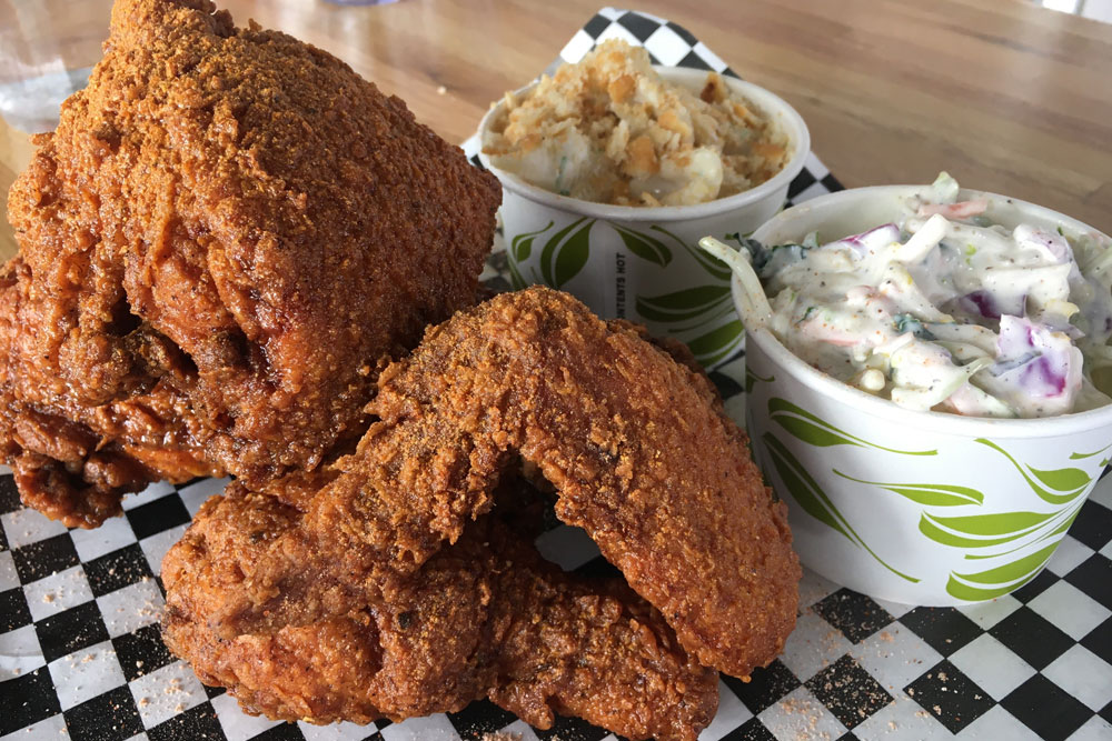 fried chicken with sides of mac and cheese and coleslaw from Lea Jane's Hot Chicken in Denver