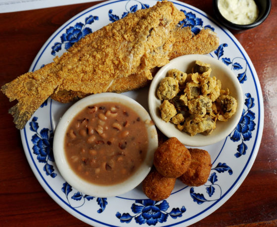 fried fish, baked beans, fried okra, and hushpuppies from mattie's soul food in denver