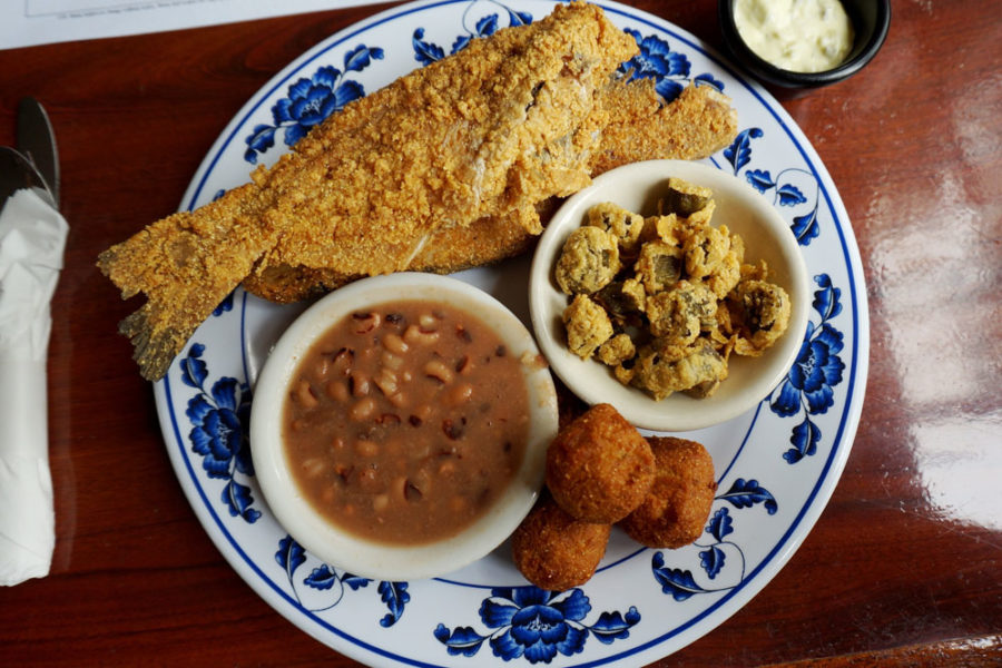 fried fish, baked beans, fried okra, and hushpuppies from mattie's soul food in denver