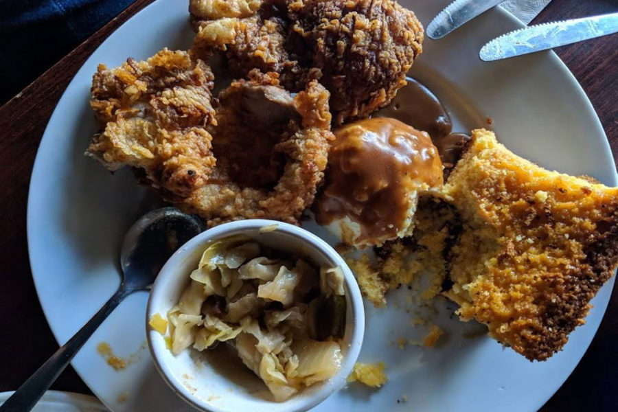 fried chicken, mashed potatoes and gravy, cornbread, and coleslaw from nigel's good food in charleston