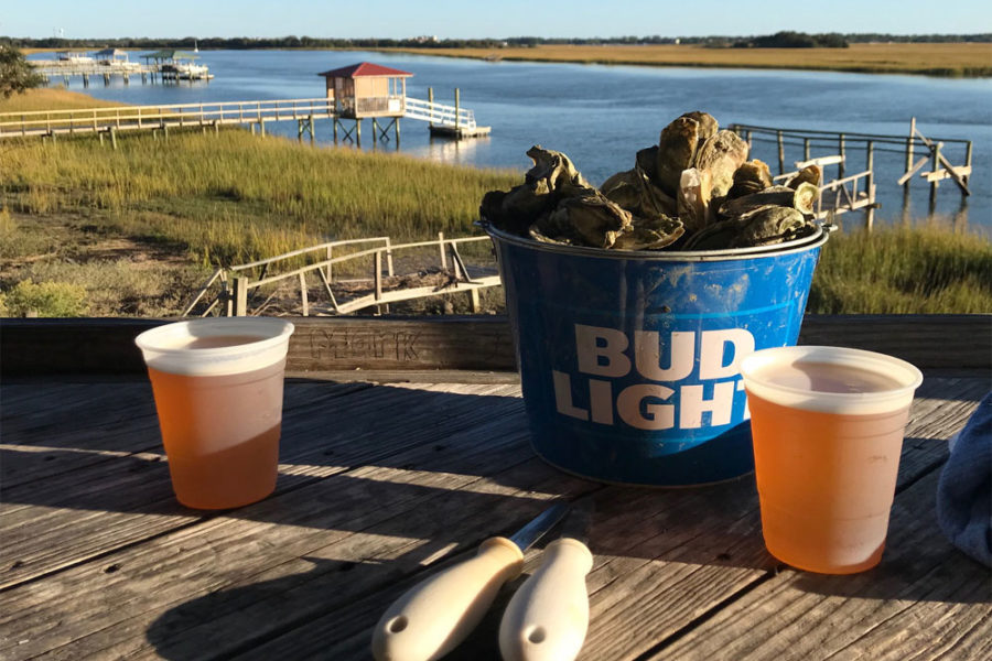 beer and a bucket of freshly caught clams overlooking the water at salty mike's deck bar