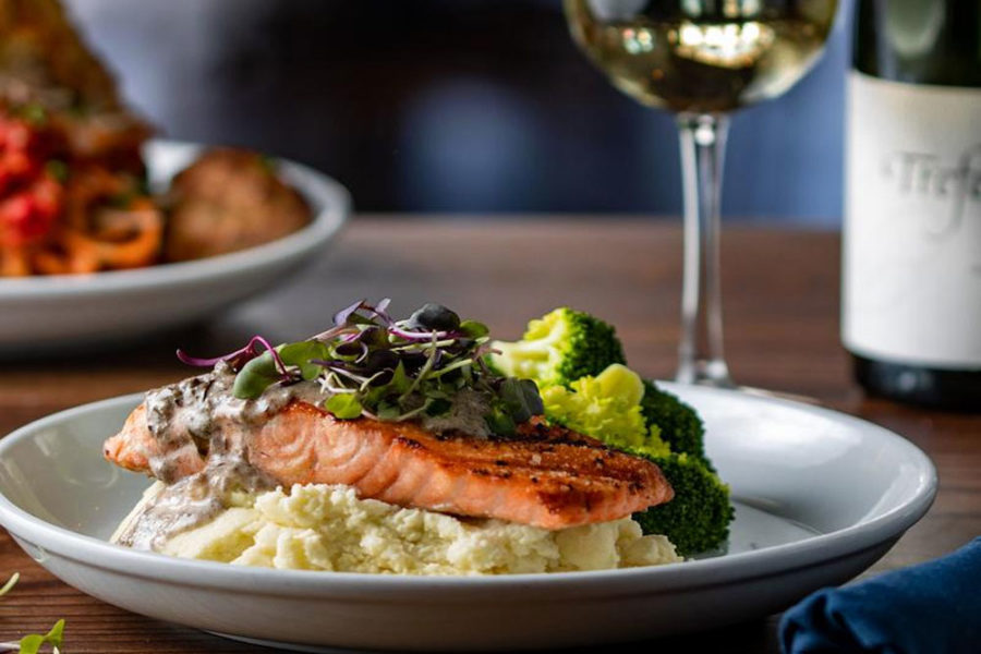 salmon, mashed potatoes, and broccoli from smithy in dallas