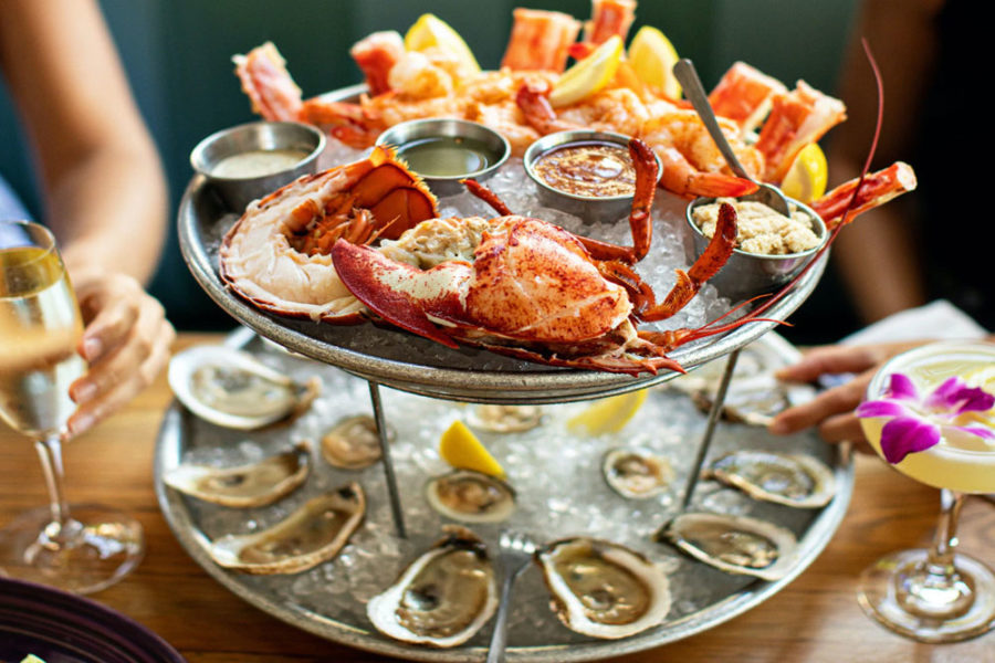 seafood platter with crab, shrimp, and oysters from the darling in charleston