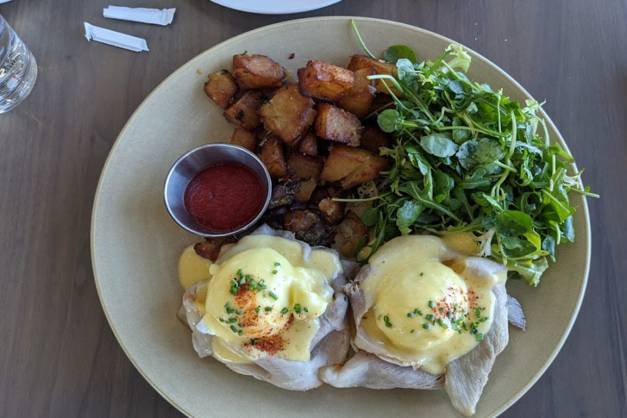 egg benedict with side of hashbrowns from woods hill in boston