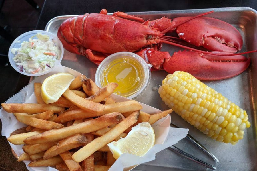 fresh lobster, side of fries, and a corn on the cobb from yankee lobster in boston