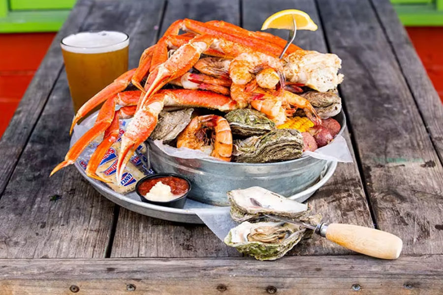 seafood boil and beer from eleve rooftop restauant and lounge in charleston