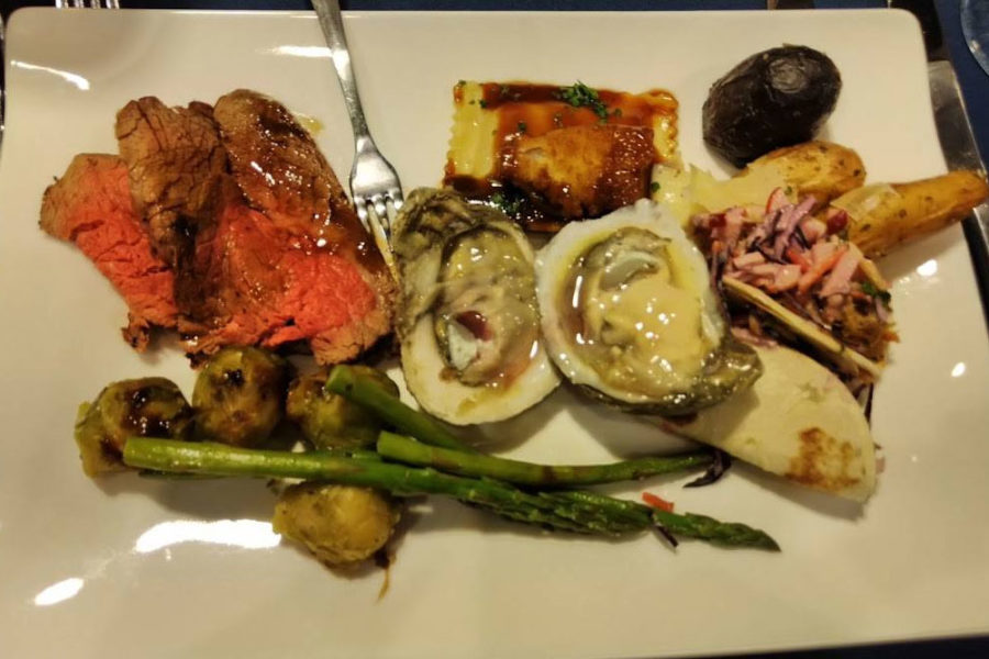 oysters, steak, artichokes, ravioli, and potatoes from firestick grill in tampa
