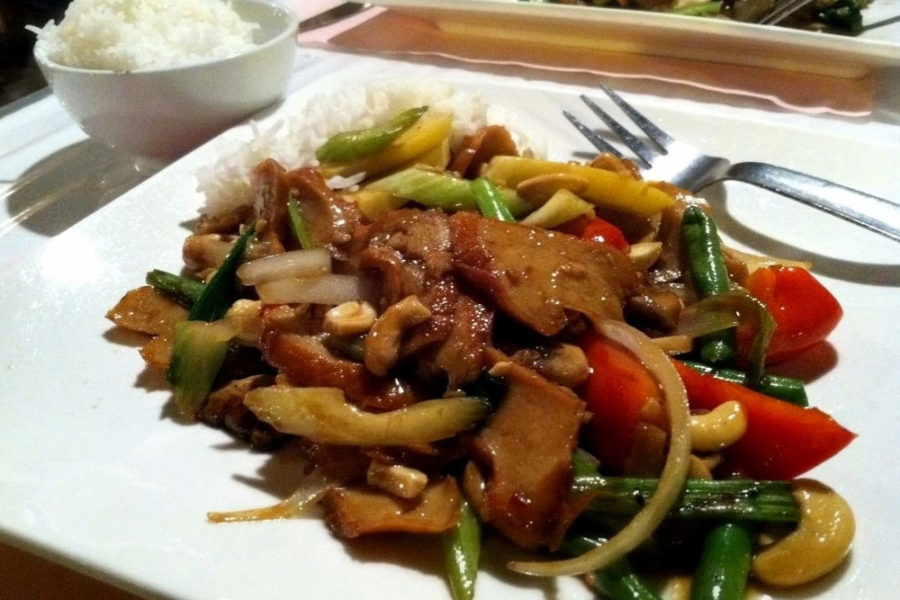 thai-style stir fry and rice from my thai vegan cafe in boston