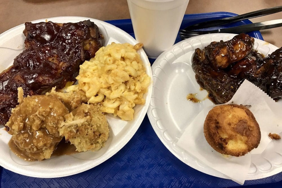 bbq ribs, mac and cheese, and cornbread from nana morrison's soul food in charlotte