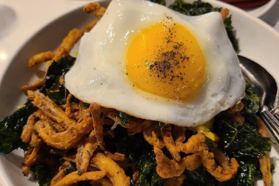 fried pig ears with kale from purple pig in chicago