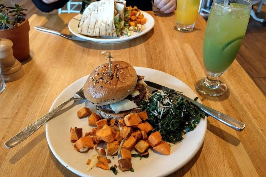 burger with side of kale salad and chicken from true food kitchen in san diego