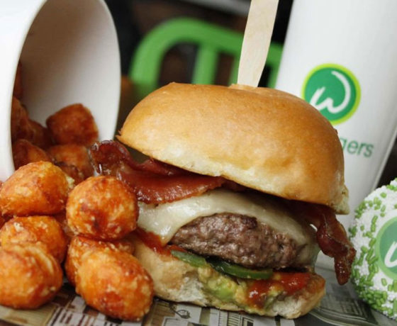 cheese burger and tater tots from wahlburgers in boston