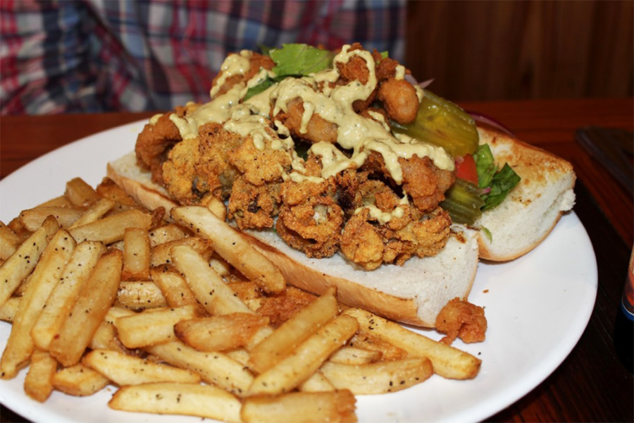 seafood po boy and side of fries from boure in oxford, mississippi