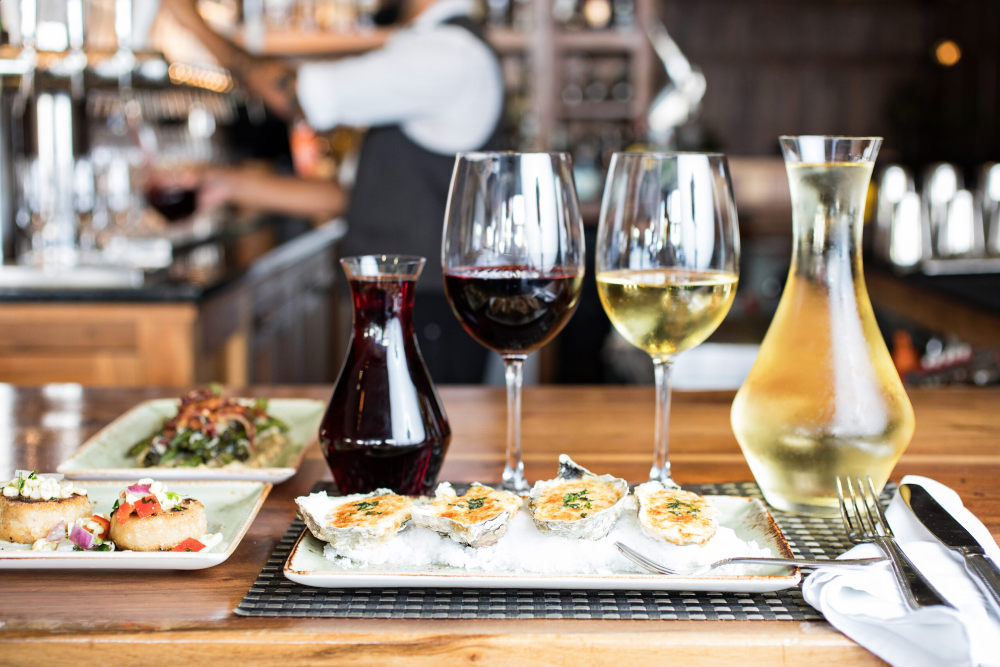 fresh oysters, crab cakes, and wine from Stars Rooftop & Grill Room on King Street