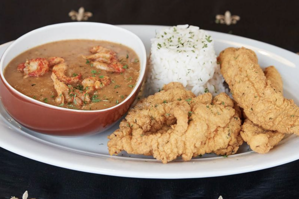 gumbo, rice, and fried catfish from Nola Voodoo Tavern in Denver