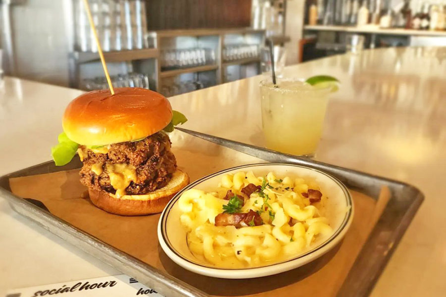 A burger and mac and cheese from Bulldog Burger Company in Starkville, MS