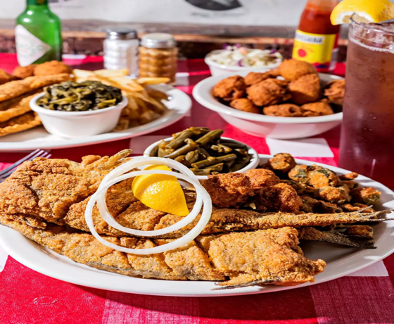 fried chicken, fried fish, collards, and fried okra from taylor grocery in oxford