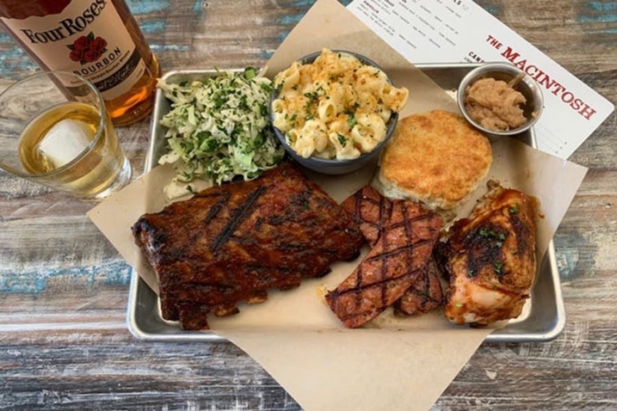 A BBQ plate of ribs, chicken, steak, and sides from The Macintosh