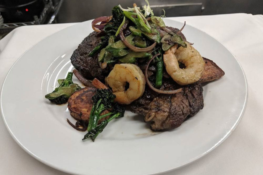 Steak, shrimp, and broccoli from Bucks Restaurant