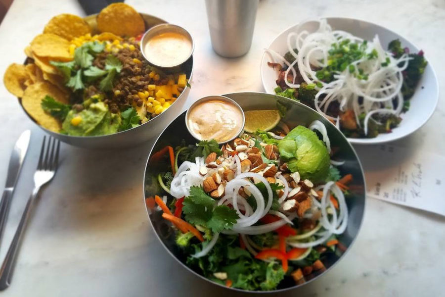 Two salads and a bowl of nachos from Gnome Café