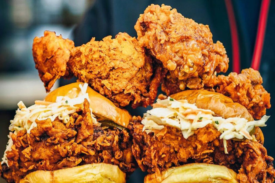 A spicy hot chicken sandwich and fried chicken from Louie's Hot Chicken Barbecue