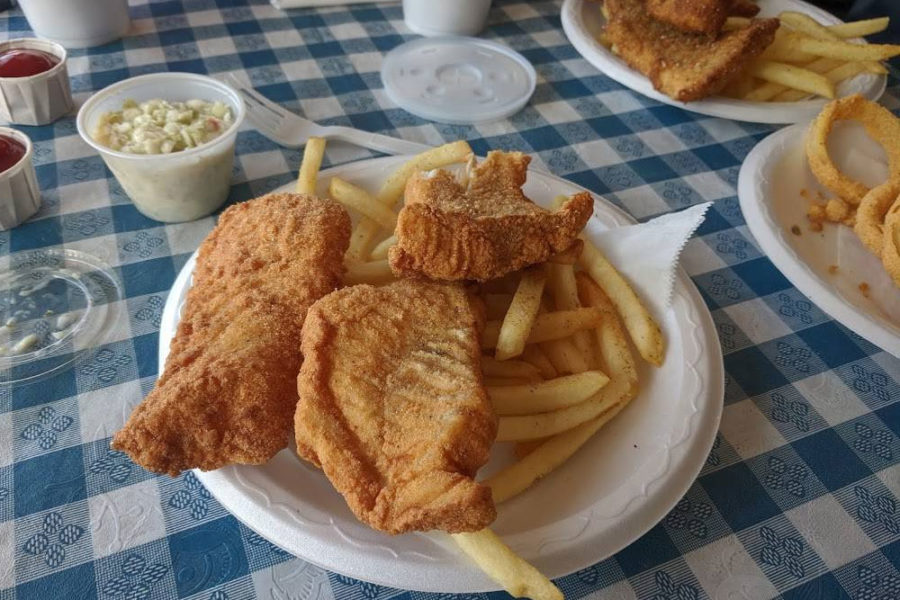 fried fish, fries, and coleslaw from The Fish House
