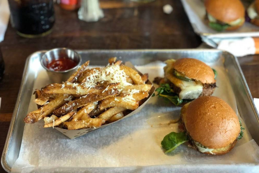 Two sliders and mozzarella fries from The Table