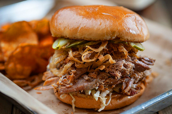 A Pulled Pork Sandwich from Doc Crow's Southern Smokehouse and Raw Bar.