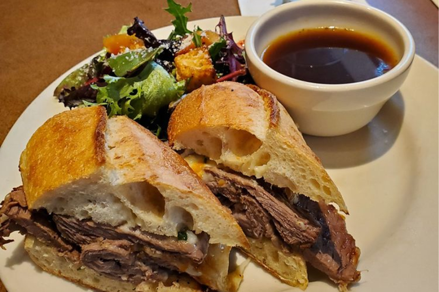 Prime French Dip Warm roast beef, sharp white cheddar cheese, toasted parmesan baguette, au jus.