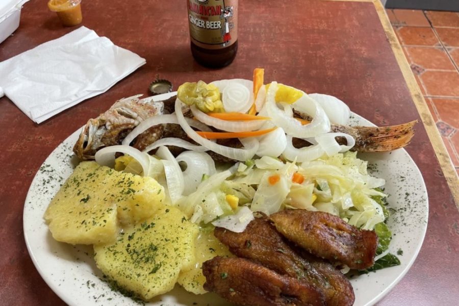 esçoveith fish with yam plantains and veg from Chelly's Jamaican Restaurant in Miami