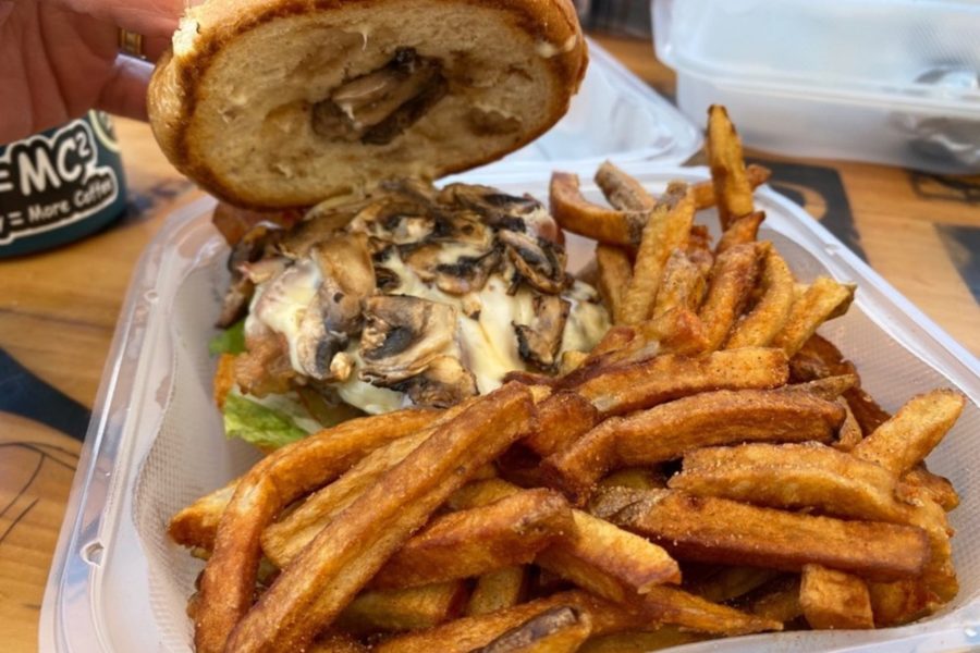Mushroom burger with fries from Classics Malt Shop in San Diego