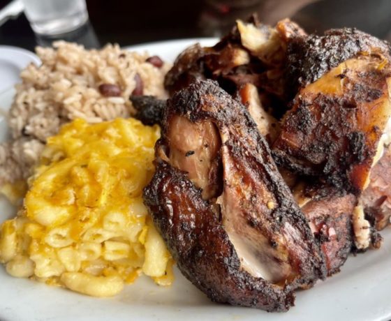 jerk chicken, mac and cheese, rice and peas from Clive's Cafe in Miami