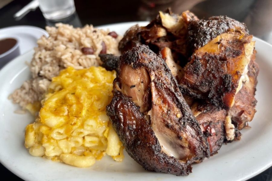 jerk chicken, mac and cheese, rice and peas from Clive's Cafe in Miami