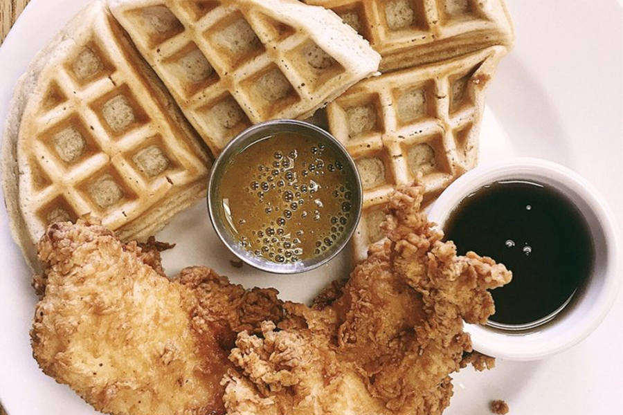 Chicken & Waffles with red and green sauce from Early Bird Diner in Charleston, SC