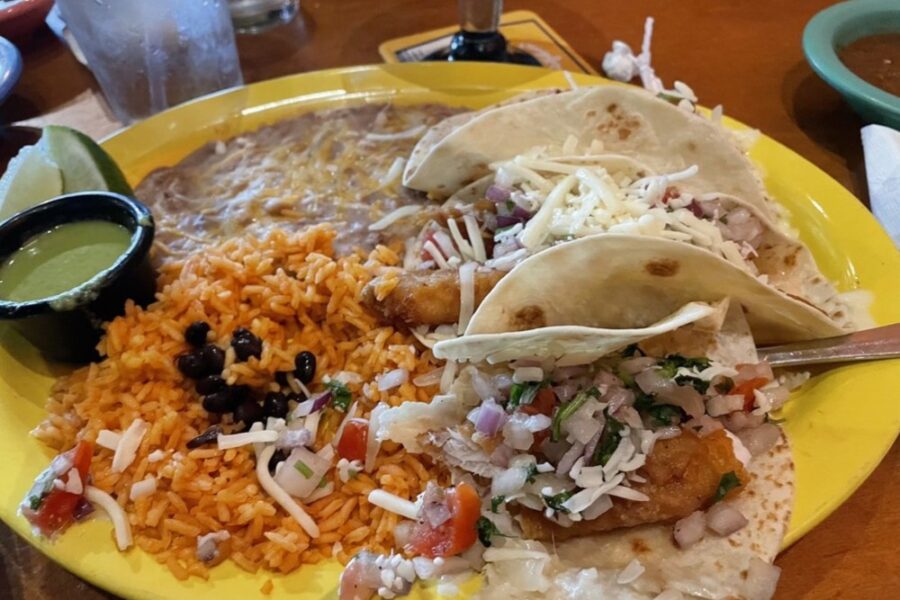 halibut fish tacos with rice and beans from Moctezuma Mexican Grill in Seattle