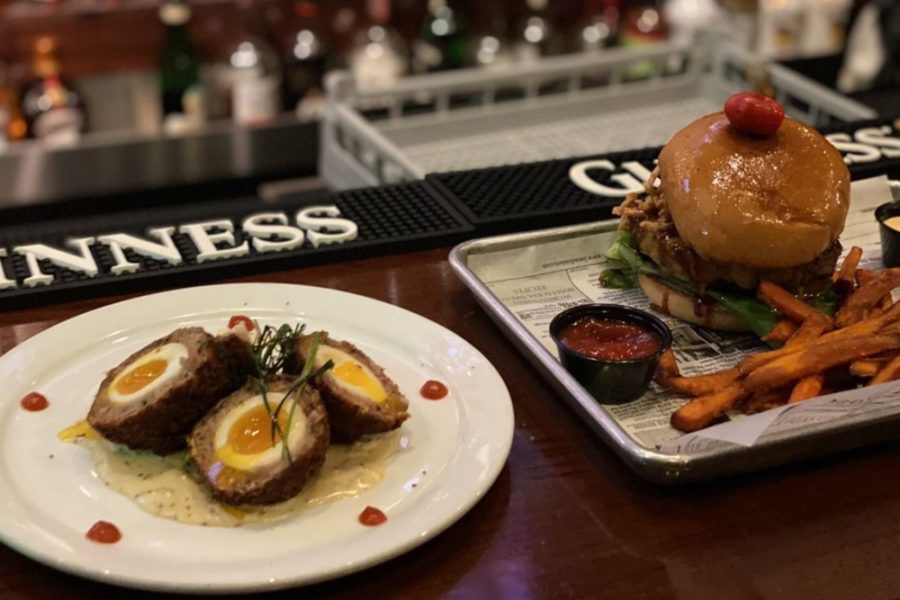 Scotch eggs and Jameson burger with sweet potato fries from The Crafty Irishman in Dallas, TX