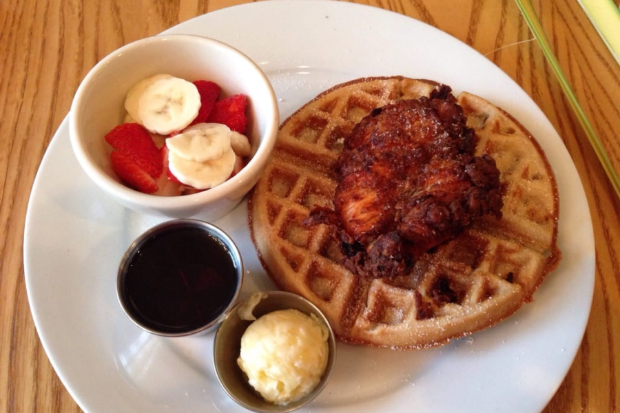 Chicken & waffle with side of fruit from The Rarebit in Charleston, SC