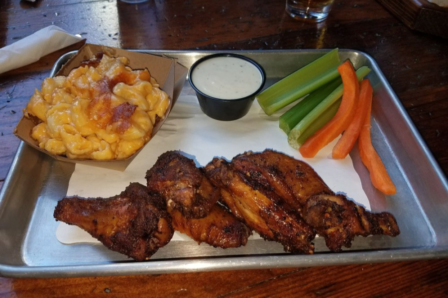 wing plate with Mac and cheese and celery from the deck in San Diego