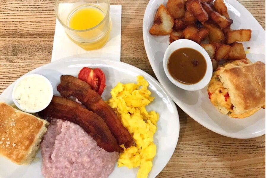 Millers plate and pimento cheese biscuit with homefries from Milers All Day in Charleston