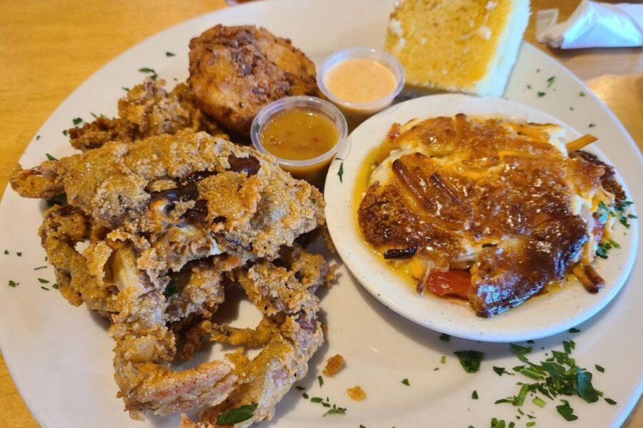 Soft shell crab, -tomato pie, fried oysters, fried mac n cheese from Stono Market and Tomato Shed Cafe in Charleston