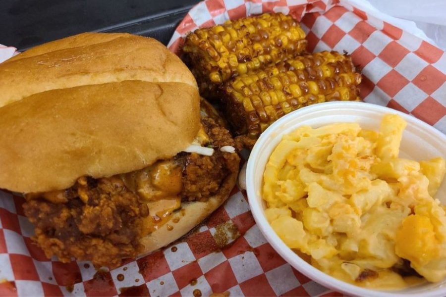 Extra Hot Chicken Sandwich with Corn and Mac and Cheese at Louies in Louisville, KY