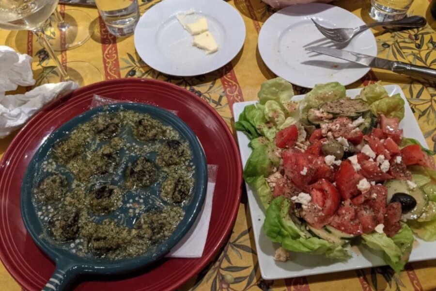 escargot and tomato cucumber feta salad from Ville Sainte Bistro in Charleston