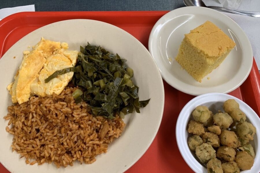 Red rice, Mac n cheese, fried okra and corn bread from Workmen's Cafe in Charleston