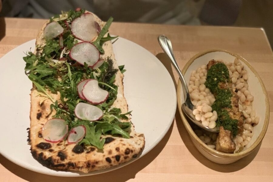 flatbread appetizer and sea bass kebab from Satchet in Dallas