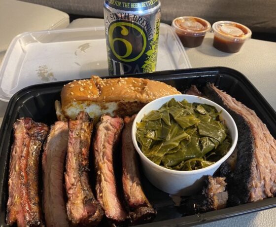Sampler; Brisket and Ribs with Collard Greens from City Barbecue in Louisville