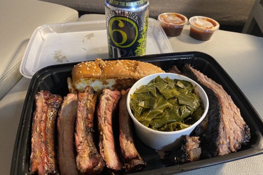 Sampler; Brisket and Ribs with Collard Greens from City Barbecue in Louisville